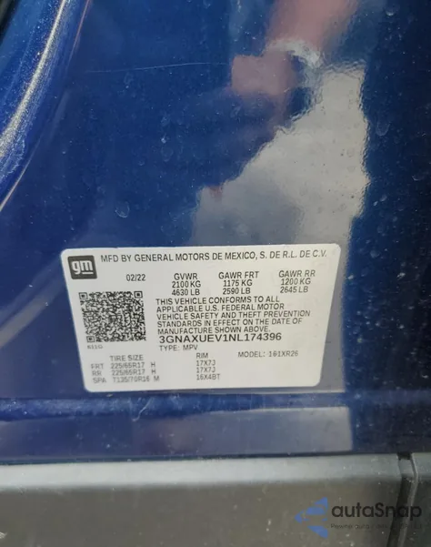 2022 Chevrolet Equinox Lt из США, поврежденный, VIN 3GNAXUEV1NL174396